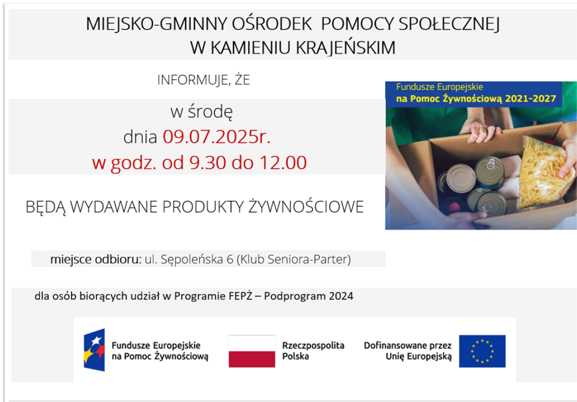 plakat informujący o terminie odbioru pomocy żywnościowej