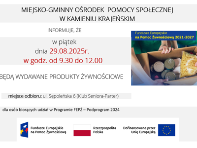 plakat informujący o terminie odbioru pomocy żywnościowej