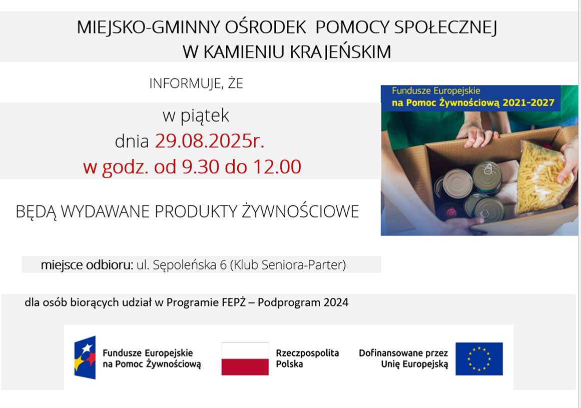 plakat informujący o terminie odbioru pomocy żywnościowej