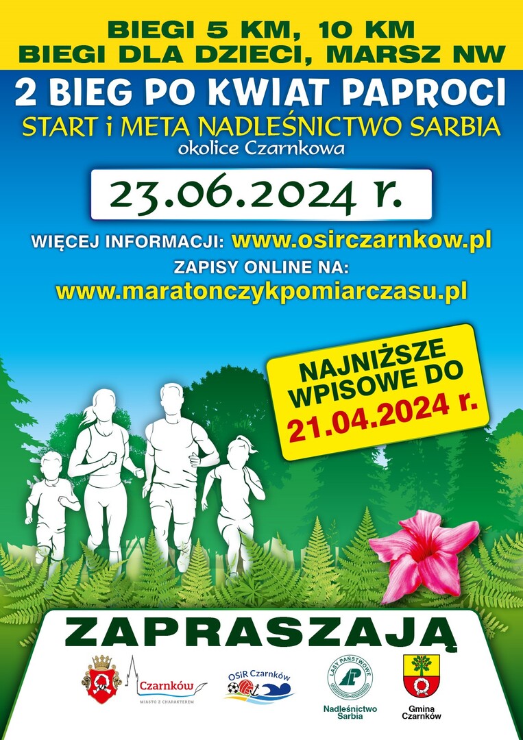 Oficjalnie od dzisiaj rozpoczynamy zapisy na 2 edycję biegu "Po Kwiat Paproci" 🌳🌲🏃🥇🤩
Zapisy na: https://zapisy.maratonczykpomiarczasu.pl/pl/bieg-paproci
Najważniejsze informacje:
✅Limit uczestników: 300 (w tym limit dzieci i młodzieży wynosi 60).
✅Wpisowe jest rosnące ⬆️ Do 21 kwietnia opłata wynosi jedyne 40 zł dorośli, 30 zł dzieci i młodzież, później opłata rośnie!
✅W pakiecie: medal, posiłek regeneracyjny, worek, woda, inne gadżety.
✅Wpłaty dokonujemy