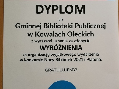Zdjęcie przedstawia dyplom wyróżnienia za organizację Nocy Bibliotek.