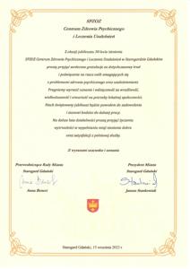 List gratulacyjny od Prezydenta Miasta Pana Janusza Stankowiaka oraz Przewodniczącej Rady Miasta Pani Anny Benert