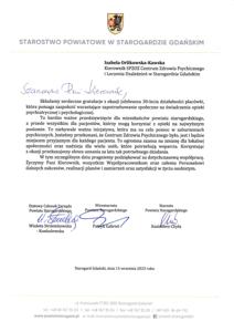 List gratulacyjny od Starosty Powiatu Starogardzkiego Pana Kazimierza Chyła