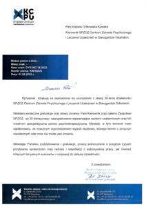List gratulacyjny od Dyrektora Krajowego Centrum Przeciwdziałania Uzależnieniom Pana Piotra Jabłońskiego