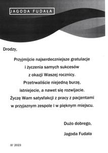 List gratulacyjny od Pani Jagody Fudała