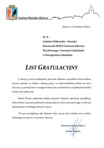 List gratulacyjny od Burmistrza Miasta Skórcz Pana Janusza Koseckiego