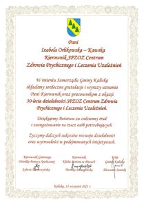 List gratulacyjny od Wójta Gminy Kaliska Pana Sławomira Janickiego