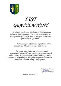 List gratulacyjny od Wójta Gminy Bobowo Pana Sylwestra Patrzykąt