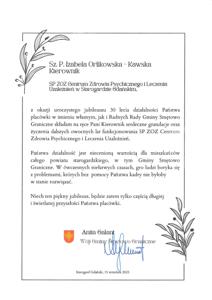 List gratulacyjny od Wójta Gminy Smętowo Graniczne Pani Anity Galant