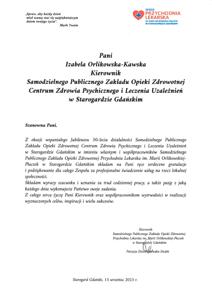 List gratulacyjny od Kierownika SPZOZ Przychodni Lekarskiej im. Marii Orlikowskiej-Płaczek Pani Patrycji Dziewiątkowskiej-Dudek