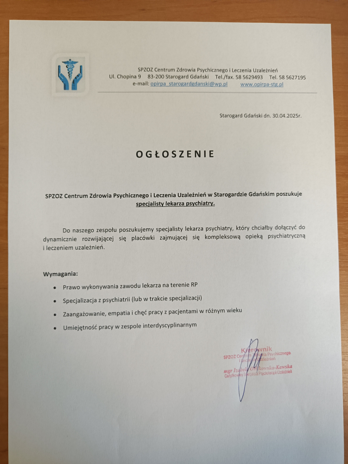 Ogłoszenie - propozycja pracy