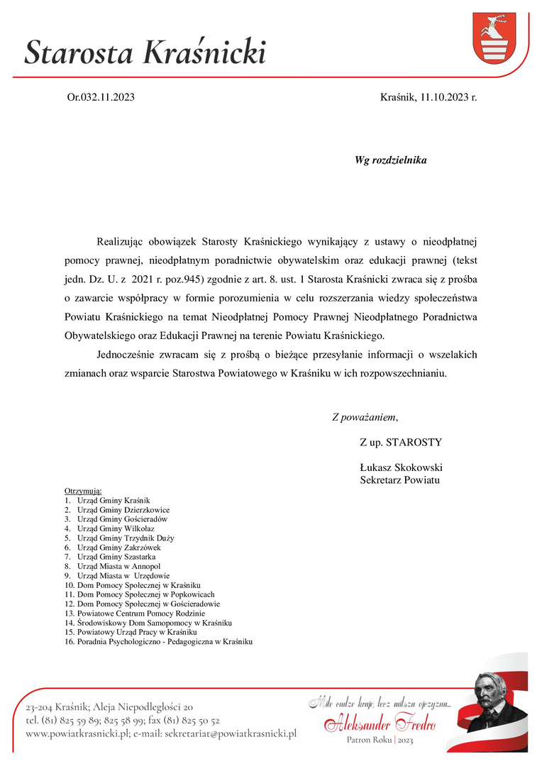 Pismo przewodnie o nieodpłatnej pomocy prawnej