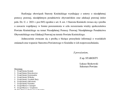 Pismo przewodnie o nieodpłatnej pomocy prawnej