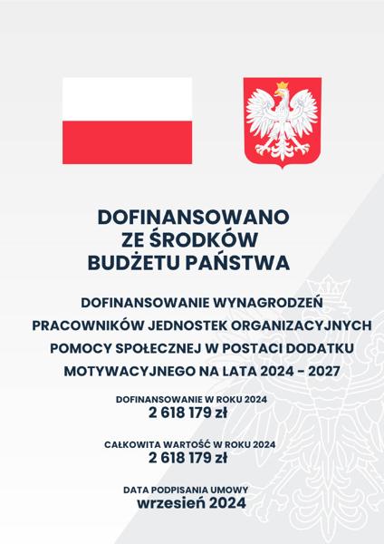 Plakat programu "Dofinansowanie wynagrodzeń pracowników jednostek organizacyjnych pomocy społecznej w postaci dodatku motywacyjnego na lata 2024 - 2027