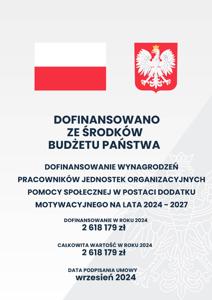 Plakat programu "Dofinansowanie wynagrodzeń pracowników jednostek organizacyjnych pomocy społecznej w postaci dodatku motywacyjnego na lata 2024 - 2027