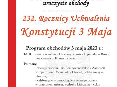 Na zdjęciu plakat zachęcający do udziału w uroczystościach z okazji 232 Rocznicy uchwalenia Konstytucji 3 Maja