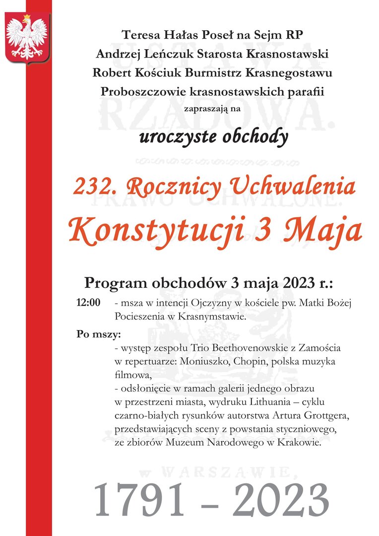 Na zdjęciu plakat zachęcający do udziału w uroczystościach z okazji 232 Rocznicy uchwalenia Konstytucji 3 Maja