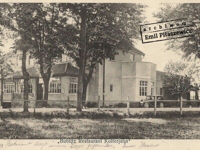 Widok przedwojennej restauracji, w budynku której mieściło się po wojnie kino "Traktorzysta" oraz "Pod Lipą".
