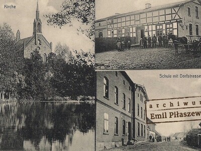 Fot 2. Wybudowany w 1868 kościół w Poroście na wielowidokowej pocztówce z 1908 roku. Pocztówka za zbioru Emila Piłaszewicza.