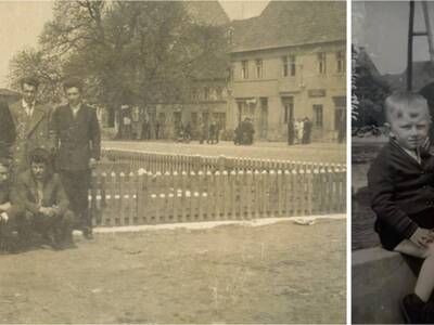 Fot.14. Mieszkańcy miasta przy pozostałościach pomnika Wilhelma I (lata 60-te). Zdjęcie udostępnione w grupie "Bobolice dawniej".