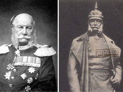 Fot.1. Portret cesarza Wilhelma I oraz jego przedstawienie na odsłoniętym 28 czerwca 1908 roku w Bublitz pomniku. Żródło: Wikipedia (zdjęcie lewe), kolekcja Emila Piłaszewicza (zdjęcie prawe).