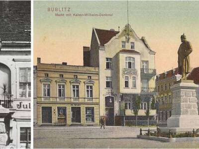 Fot.7. Forma bobolickiego pomnika Wilhelma I. Z kolekcji Emila Piłaszewicza (prawa strona) oraz archiwum Heimatgruppe Bublitz - z widocznym napisem u podstawy pomnika (lewa strona).