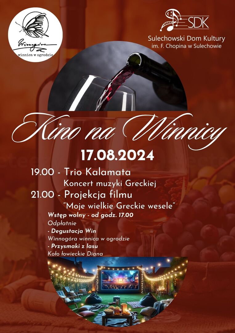 Plakat z programem imprezy Kino na Winnicy