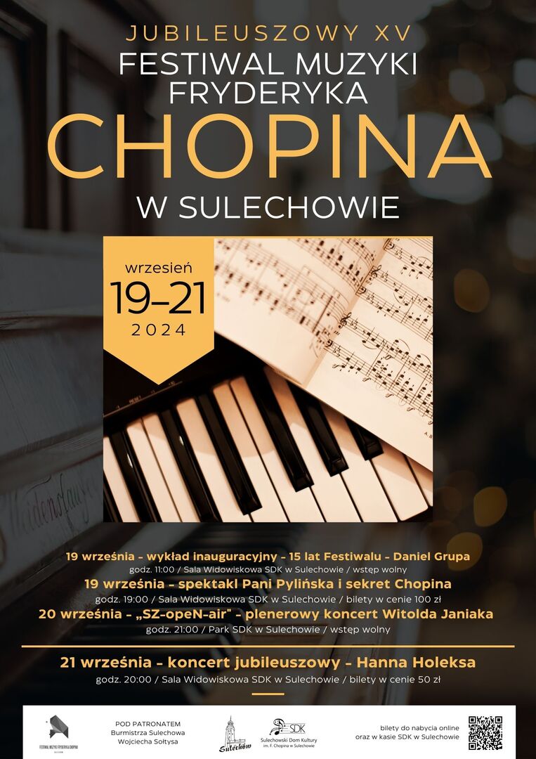 Plakat jubileuszowego XV Festiwalu Muzyki Fryderyka Chopina w Sulechowie
