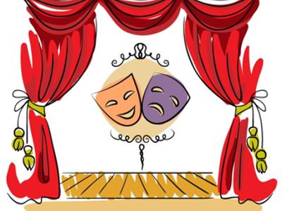 Grafika przedstawiająca teatralne maski na scenie.