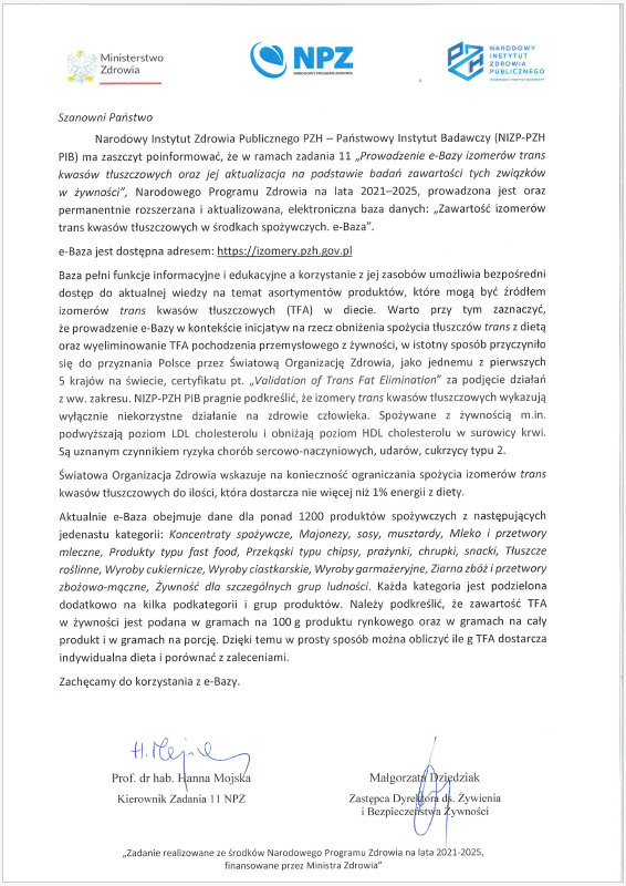 Pismo nt. Zawartości izomerów trans kwasów tłuszczowych.