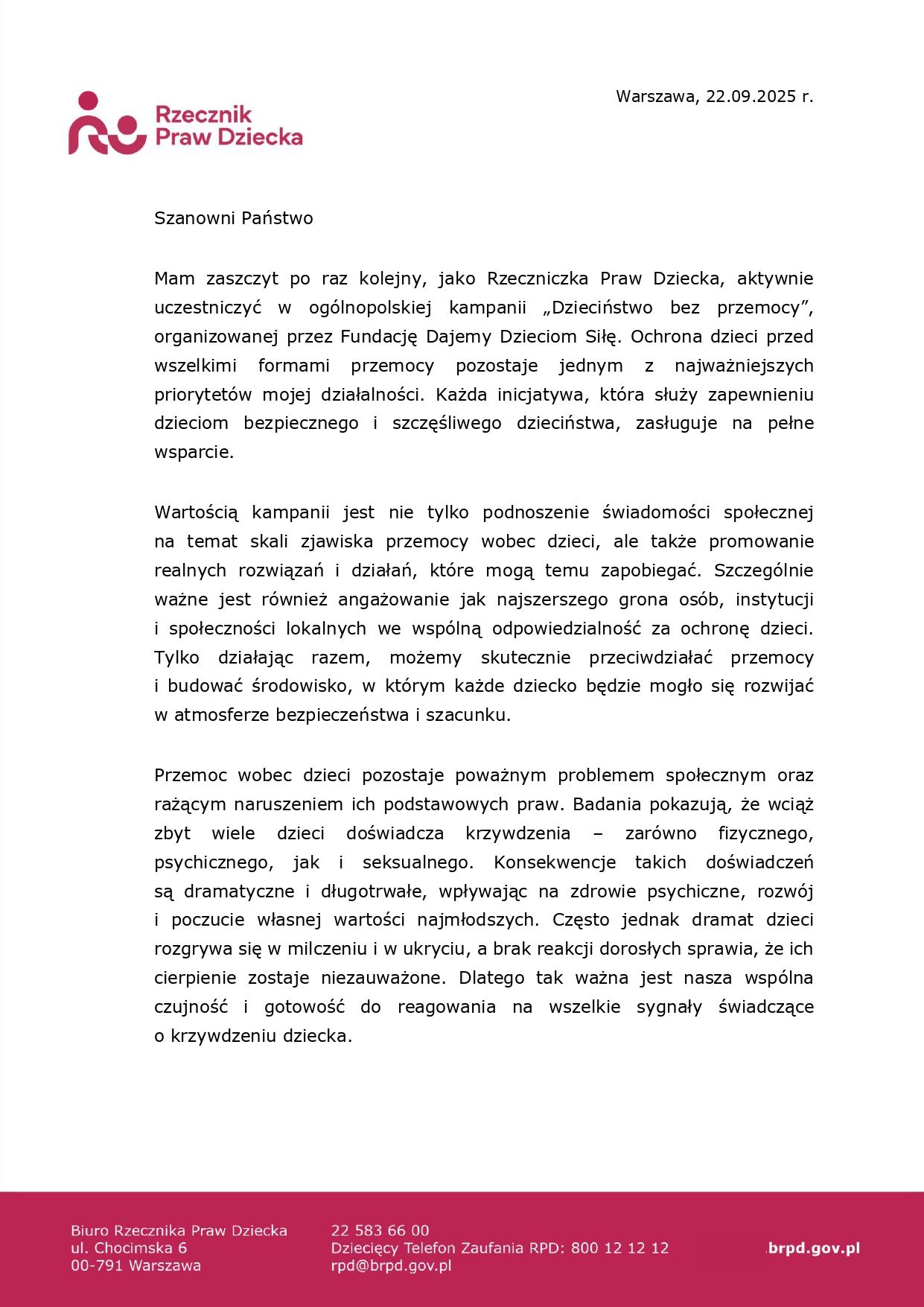 list Rzecznika Praw Dziecka strona 1