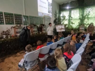Dzieci słuchające wykładu na temat grzybów.