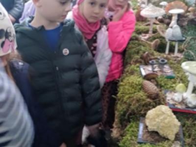 Dzieci oglądające eksponaty.