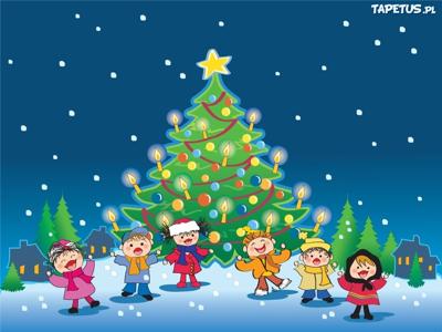 Grafika ozdobna - dzieci przy choince