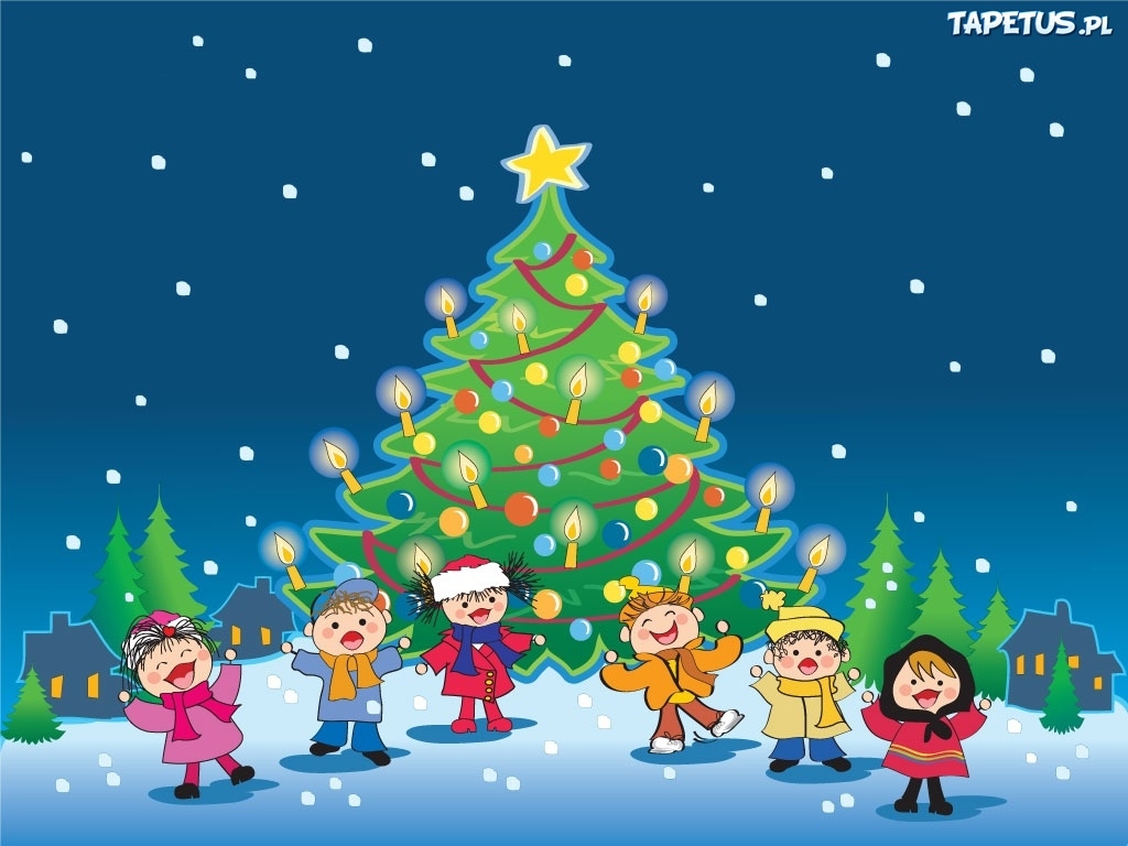 Grafika ozdobna - dzieci przy choince