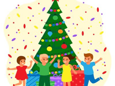 Grafika ozdobna - dzieci przy choince