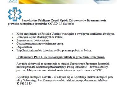 Szczepienia przeciw COVID-19 dla osób z Ukrainy - komunikat