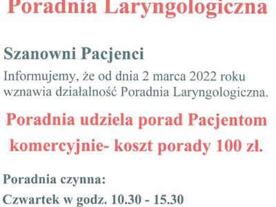 Poradnia Laryngologiczna - informacja
