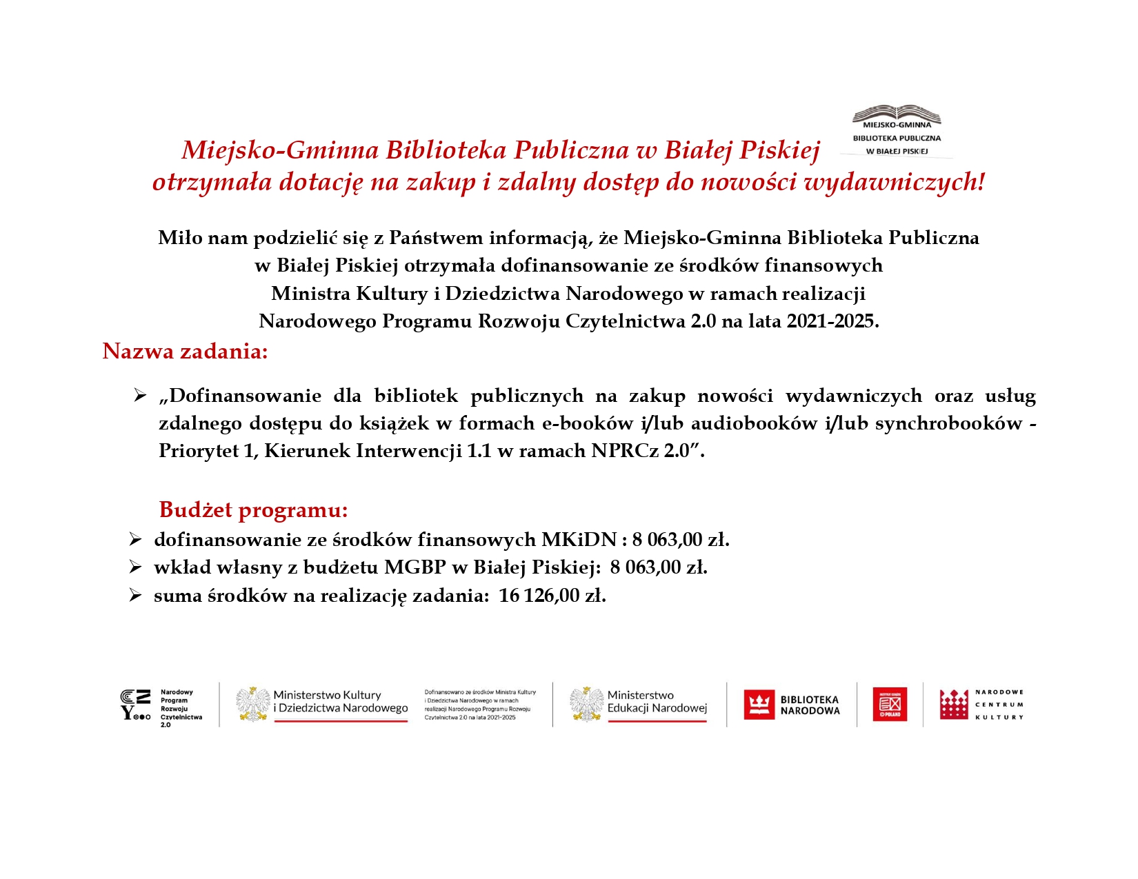 Biblioteka otrzymała dofinansowanie