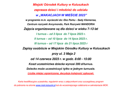 Ogłoszenie - Wakacje w mieście 2023