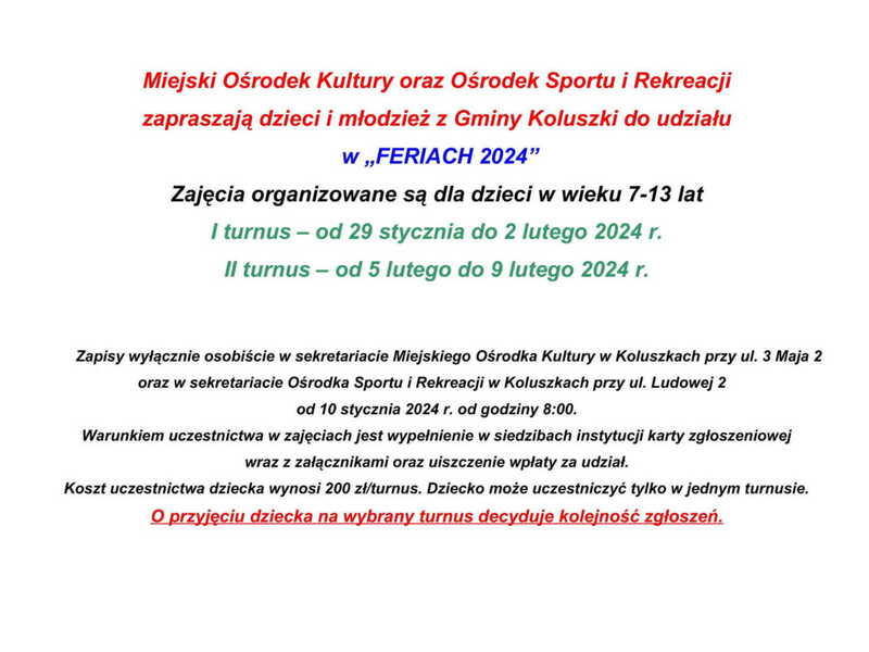 Ogłoszenie Ferie 2024
