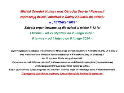 Ogłoszenie Ferie 2024