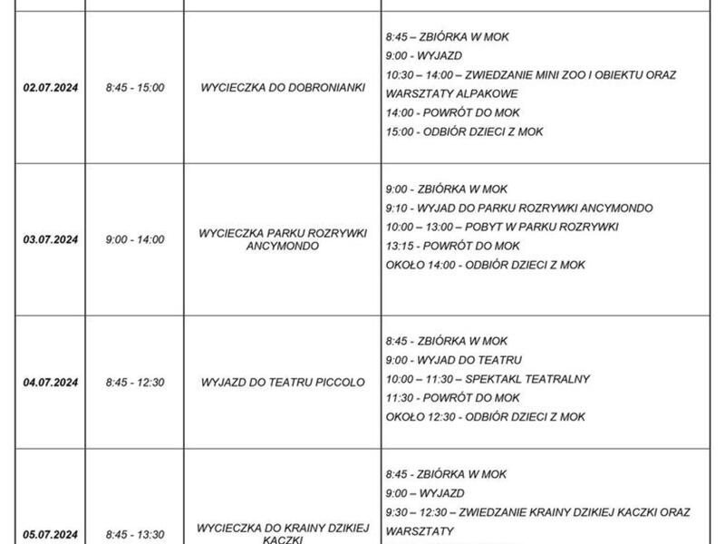 PLAN WAKACJE W MIEŚCIE 2024 - I turnus