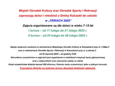 Ogłoszenie o zapisach Ferie 2025