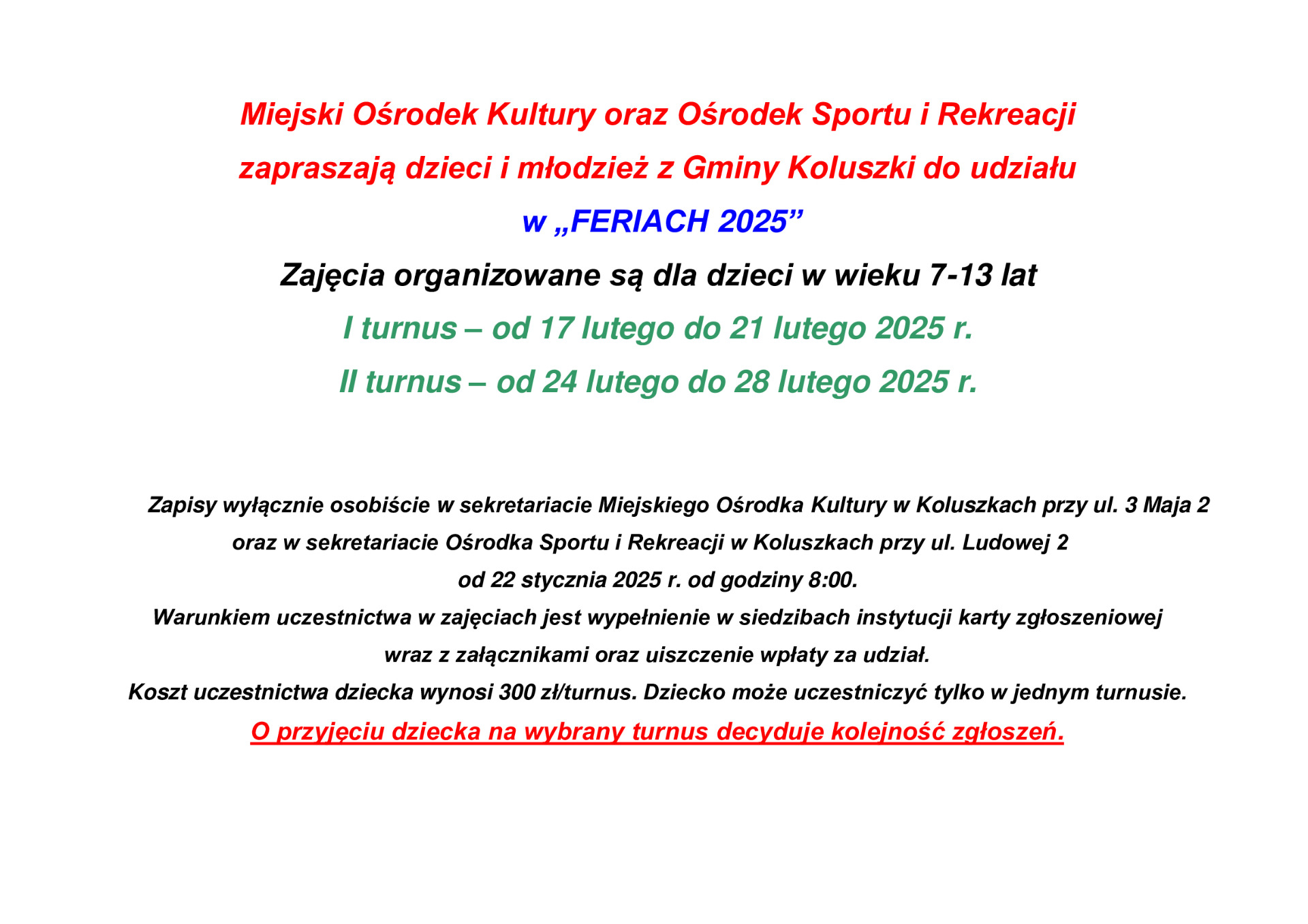 Ogłoszenie o zapisach Ferie 2025