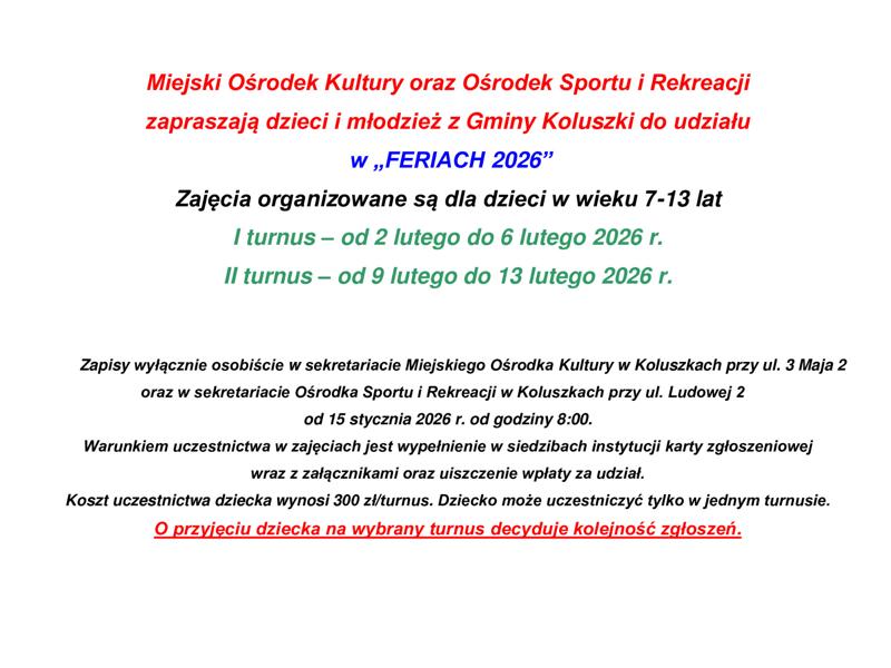 Ogłoszenie Ferie 2026