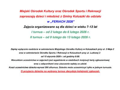 Ogłoszenie Ferie 2026