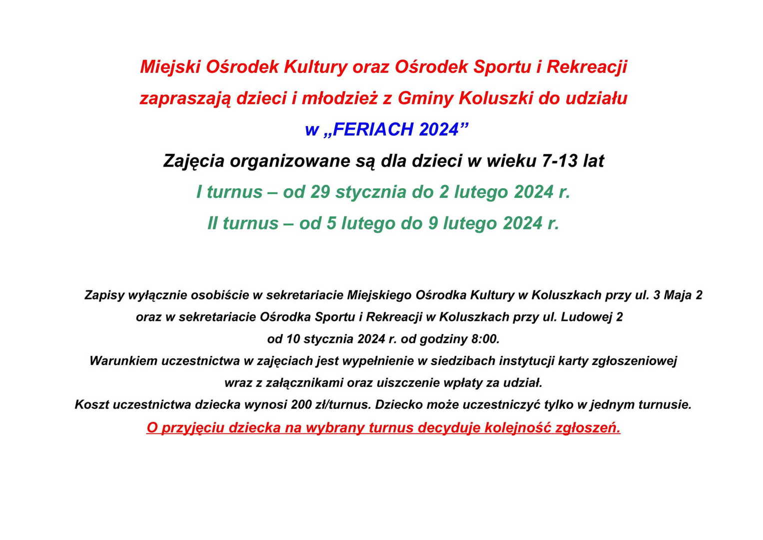 Ogłoszenie Ferie 2024