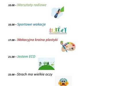 Plakat zawierający harmonogram wakacji w bibliotece