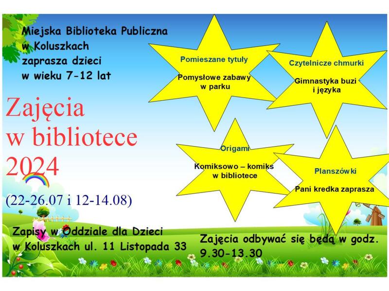 Plakat z informacjami o zajęciach w bibliotece